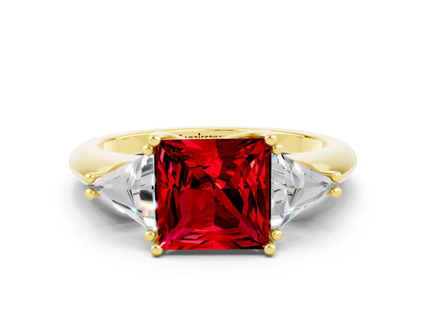 Yellow gold Three-Stone Princess Cut Cut Diamond Ring with Trillion Side Stones and Four-Prong Setting