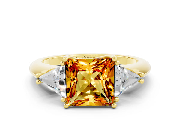 Yellow gold Three-Stone Princess Cut Citrine Engagement Ring with Trillion Side Stones and Prong Setting