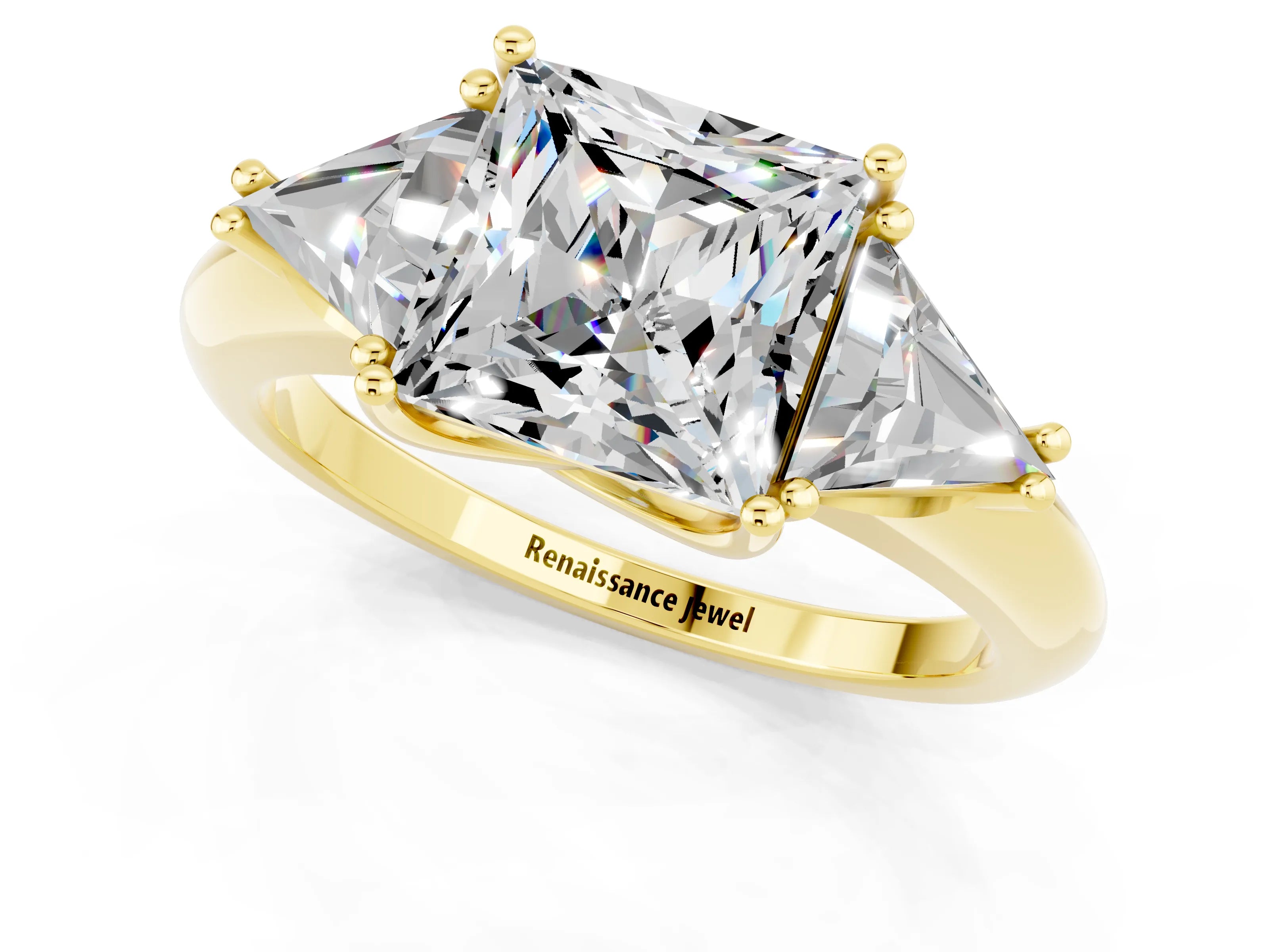 Yellow gold Three-Stone Princess Cut Cut Diamond Ring with Trillion Side Stones and Four-Prong Setting_1
