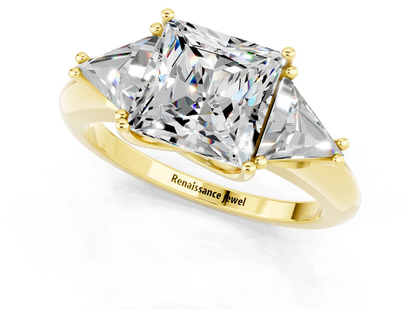 Yellow gold Three-Stone Princess Cut Moissanite Engagement Ring with Trillion Side Stones and Prong Setting