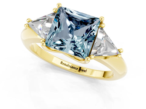 Yellow gold Three-Stone Princess Cut Cut Diamond Ring with Trillion Side Stones and Four-Prong Setting_1