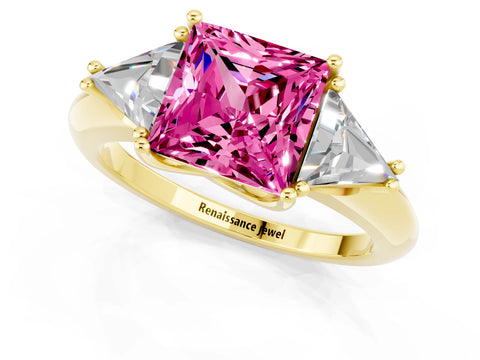 Yellow gold Three-Stone Princess Cut Cut Diamond Ring with Trillion Side Stones and Four-Prong Setting_1
