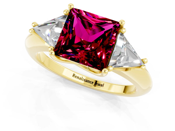 Yellow gold Three-Stone Princess Cut Garnet Engagement Ring with Trillion Side Stones and Prong Setting