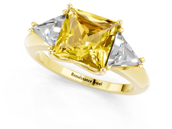 Yellow gold Three-Stone Princess Cut Yellow Sapphire Engagement Ring with Trillion Side Stones and Prong Setting