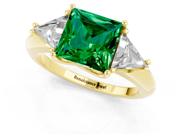 Yellow gold Three-Stone Princess Cut Emerald Engagement Ring with Trillion Side Stones and Prong Setting