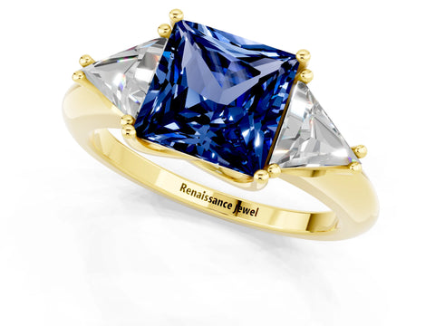 Yellow gold Three-Stone Princess Cut Cut Diamond Ring with Trillion Side Stones and Four-Prong Setting_1