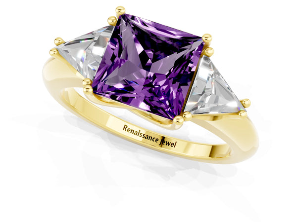 Yellow gold Three-Stone Princess Cut Amethyst Engagement Ring with Trillion Side Stones and Prong Setting