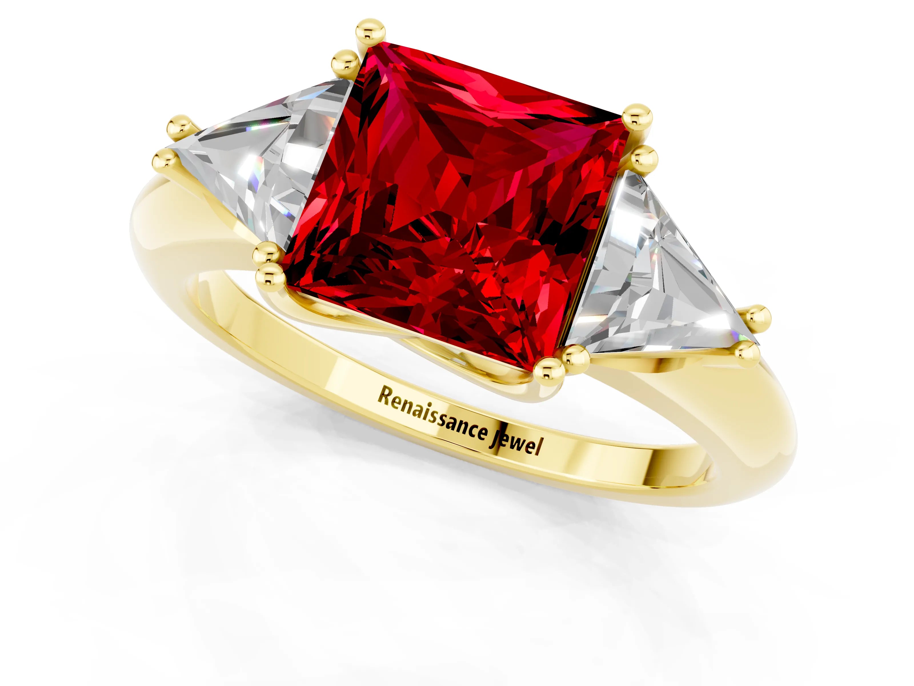 Yellow gold Three-Stone Princess Cut Cut Diamond Ring with Trillion Side Stones and Four-Prong Setting_1