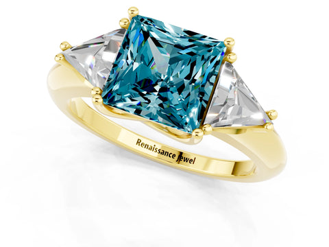 Yellow gold Three-Stone Princess Cut Cut Diamond Ring with Trillion Side Stones and Four-Prong Setting_1
