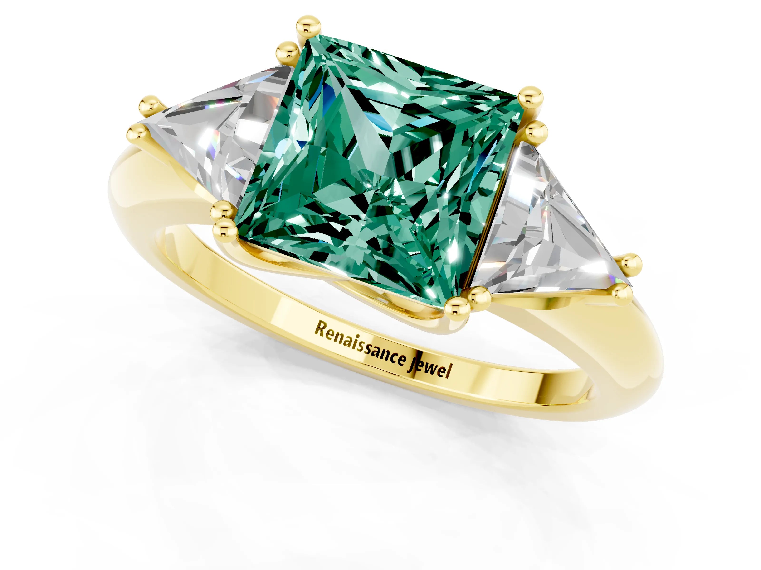 Yellow gold Three-Stone Princess Cut Cut Diamond Ring with Trillion Side Stones and Four-Prong Setting_1