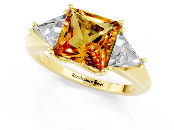 Yellow gold Three-Stone Princess Cut Citrine Engagement Ring with Trillion Side Stones and Prong Setting
