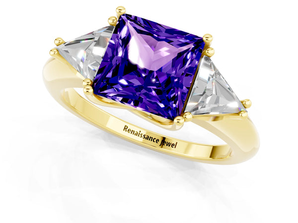 Yellow gold Three-Stone Princess Cut Tanzanite Engagement Ring with Trillion Side Stones and Prong Setting