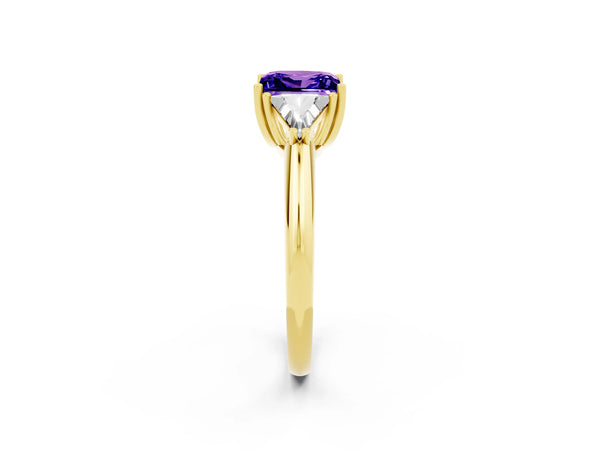 Yellow gold Three-Stone Princess Cut Tanzanite Engagement Ring with Trillion Side Stones and Prong Setting