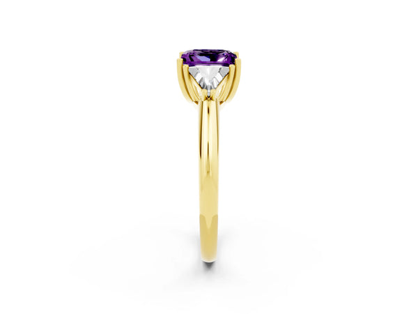Yellow gold Three-Stone Princess Cut Amethyst Engagement Ring with Trillion Side Stones and Prong Setting