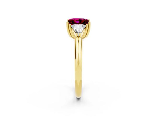 Yellow gold Three-Stone Princess Cut Garnet Engagement Ring with Trillion Side Stones and Prong Setting