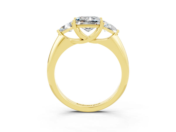 Yellow gold Three-Stone Princess Cut Moissanite Engagement Ring with Trillion Side Stones and Prong Setting