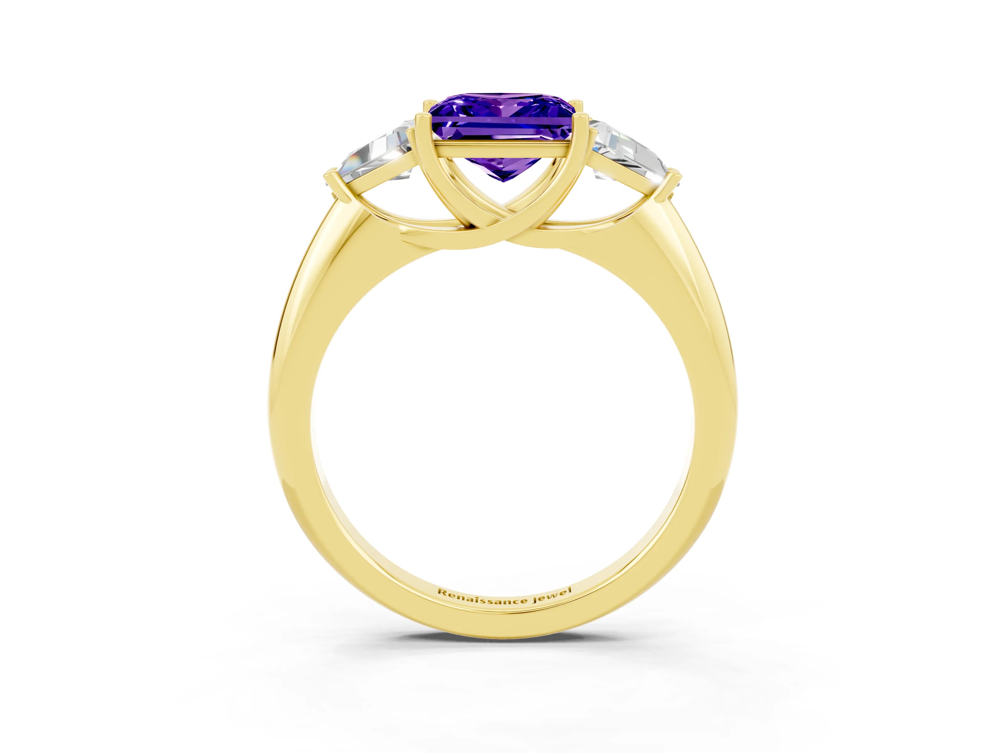 Yellow gold Three-Stone Princess Cut Cut Diamond Ring with Trillion Side Stones and Four-Prong Setting_3