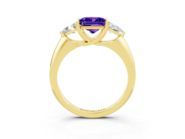 Yellow gold Three-Stone Princess Cut Tanzanite Engagement Ring with Trillion Side Stones and Prong Setting