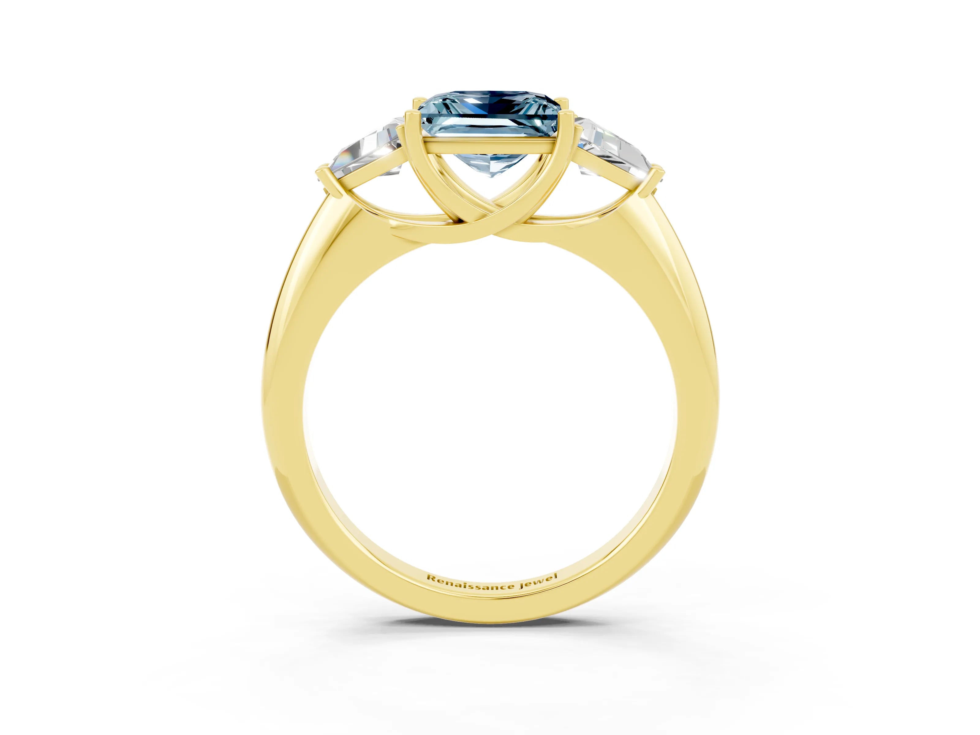 Yellow gold Three-Stone Princess Cut Cut Diamond Ring with Trillion Side Stones and Four-Prong Setting_3