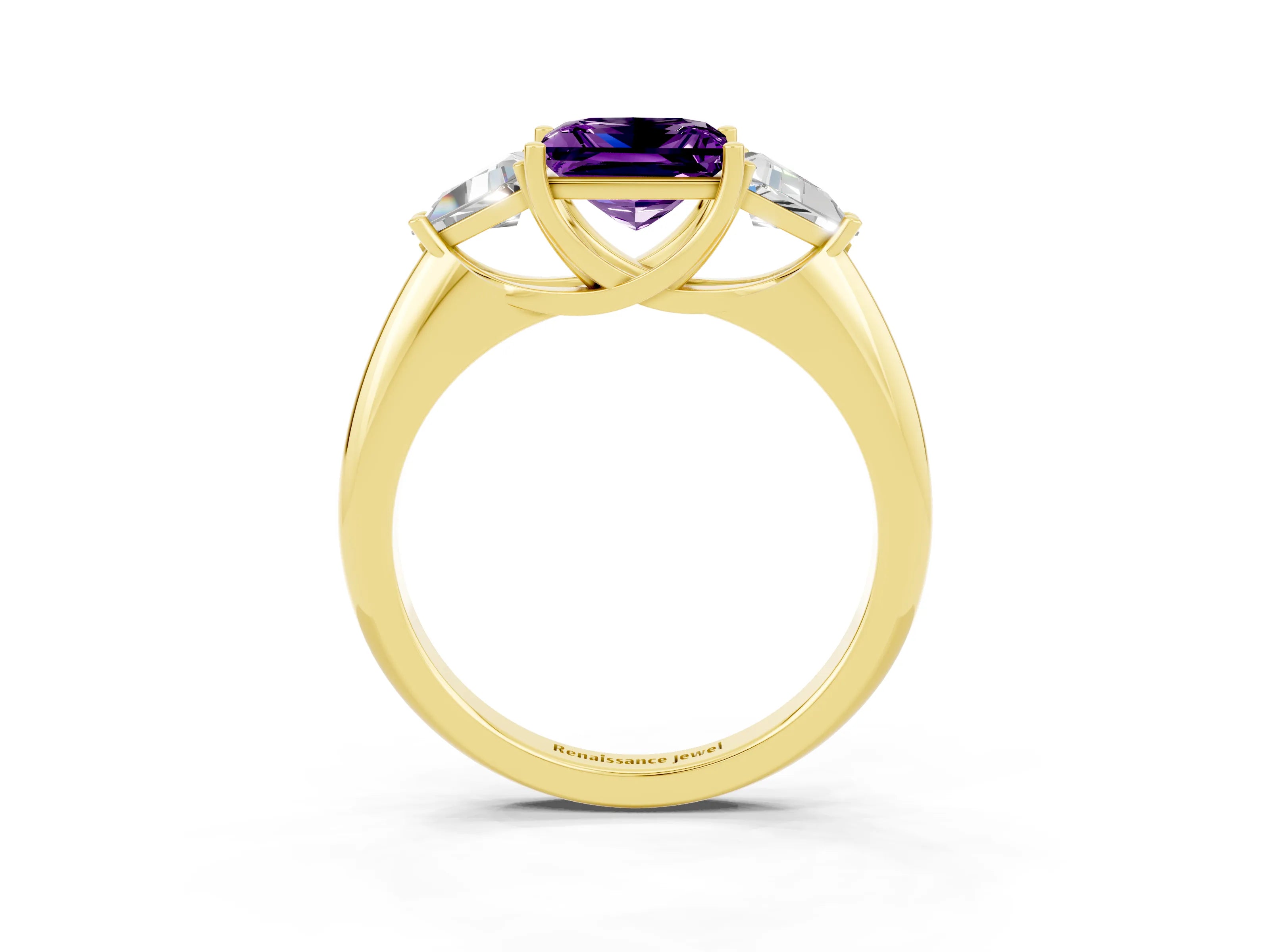 Yellow gold Three-Stone Princess Cut Cut Diamond Ring with Trillion Side Stones and Four-Prong Setting_3