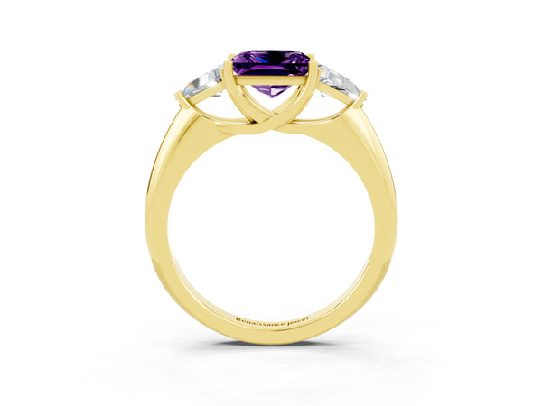 Yellow gold Three-Stone Princess Cut Amethyst Engagement Ring with Trillion Side Stones and Prong Setting