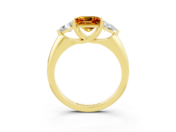 Yellow gold Three-Stone Princess Cut Citrine Engagement Ring with Trillion Side Stones and Prong Setting