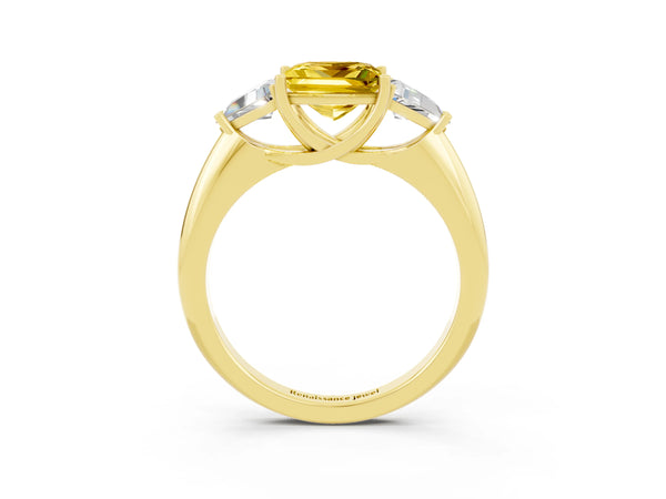 Yellow gold Three-Stone Princess Cut Yellow Sapphire Engagement Ring with Trillion Side Stones and Prong Setting