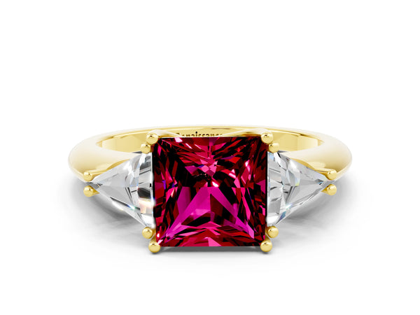 Yellow gold Three-Stone Princess Cut Garnet Engagement Ring with Trillion Side Stones and Prong Setting