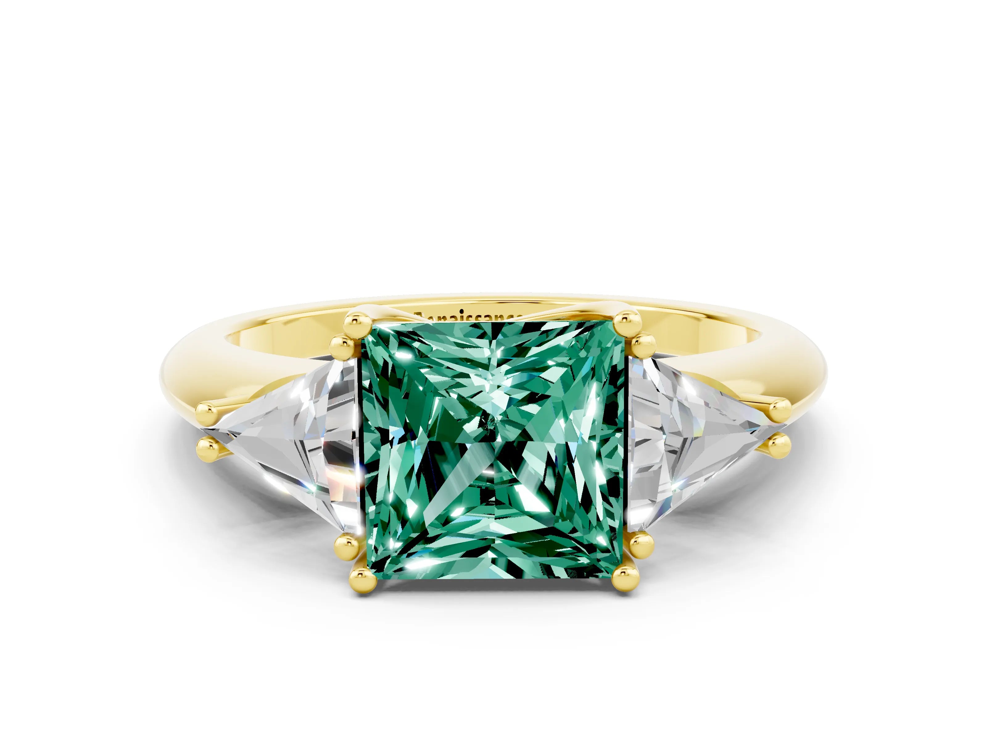 Yellow gold Three-Stone Princess Cut Cut Diamond Ring with Trillion Side Stones and Four-Prong Setting