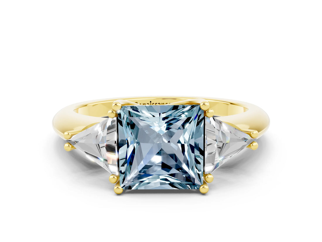 Yellow gold Three-Stone Princess Cut Cut Diamond Ring with Trillion Side Stones and Four-Prong Setting