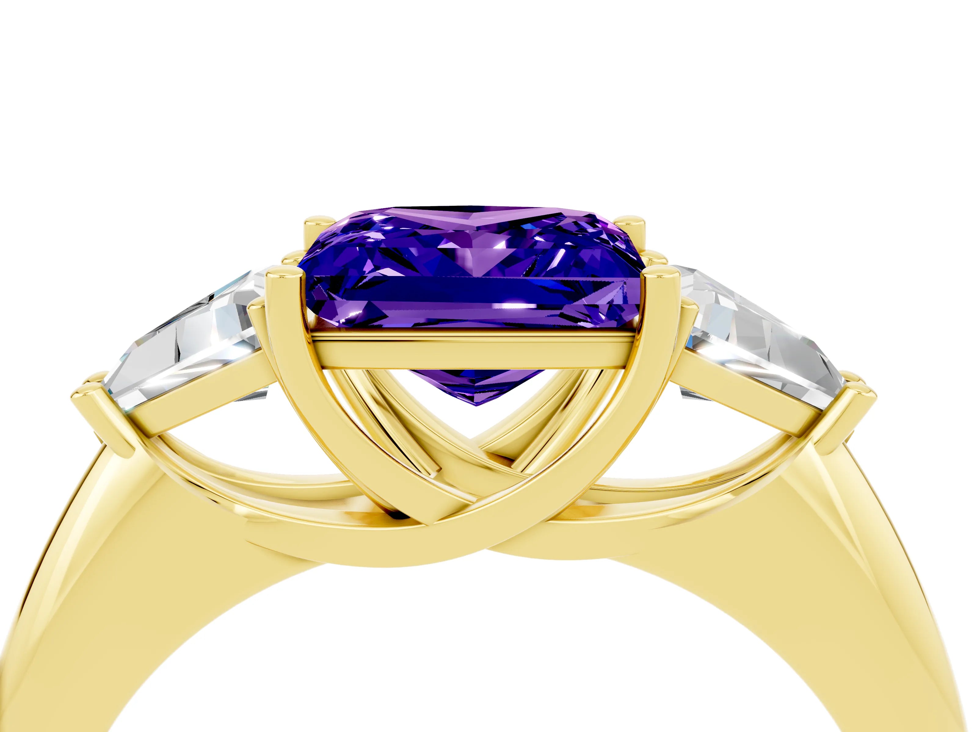Yellow gold Three-Stone Princess Cut Cut Diamond Ring with Trillion Side Stones and Four-Prong Setting_4