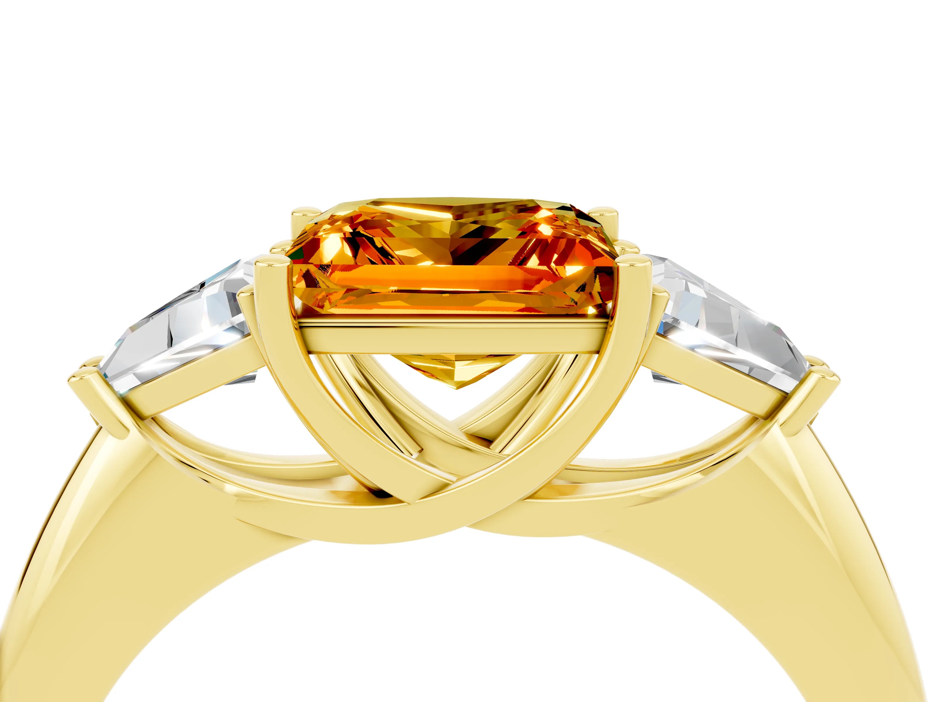 Yellow gold Three-Stone Princess Cut Cut Diamond Ring with Trillion Side Stones and Four-Prong Setting_4