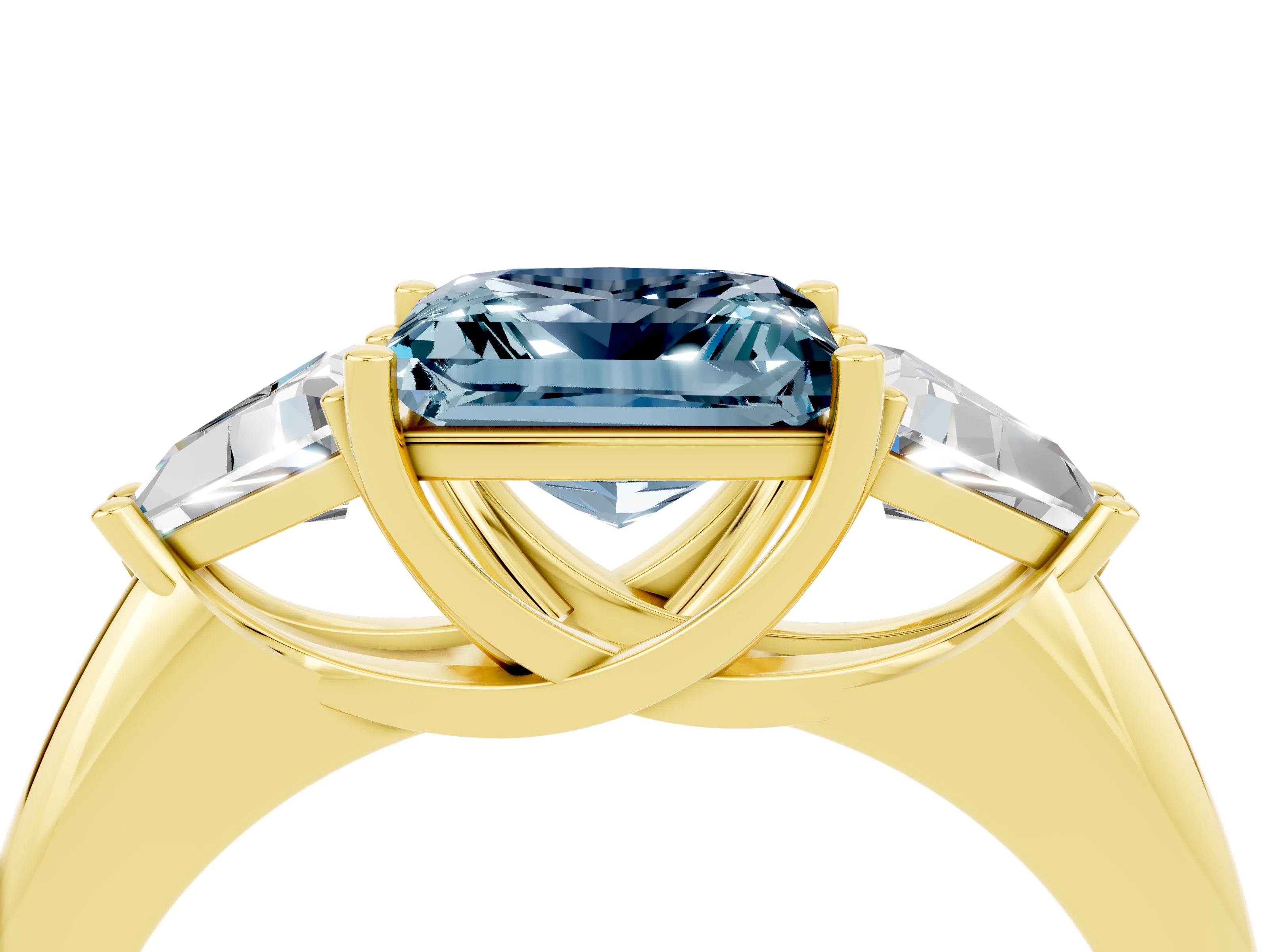Yellow gold Three-Stone Princess Cut Cut Diamond Ring with Trillion Side Stones and Four-Prong Setting_4
