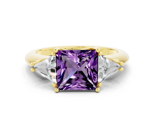 Yellow gold Three-Stone Princess Cut Amethyst Engagement Ring with Trillion Side Stones and Prong Setting