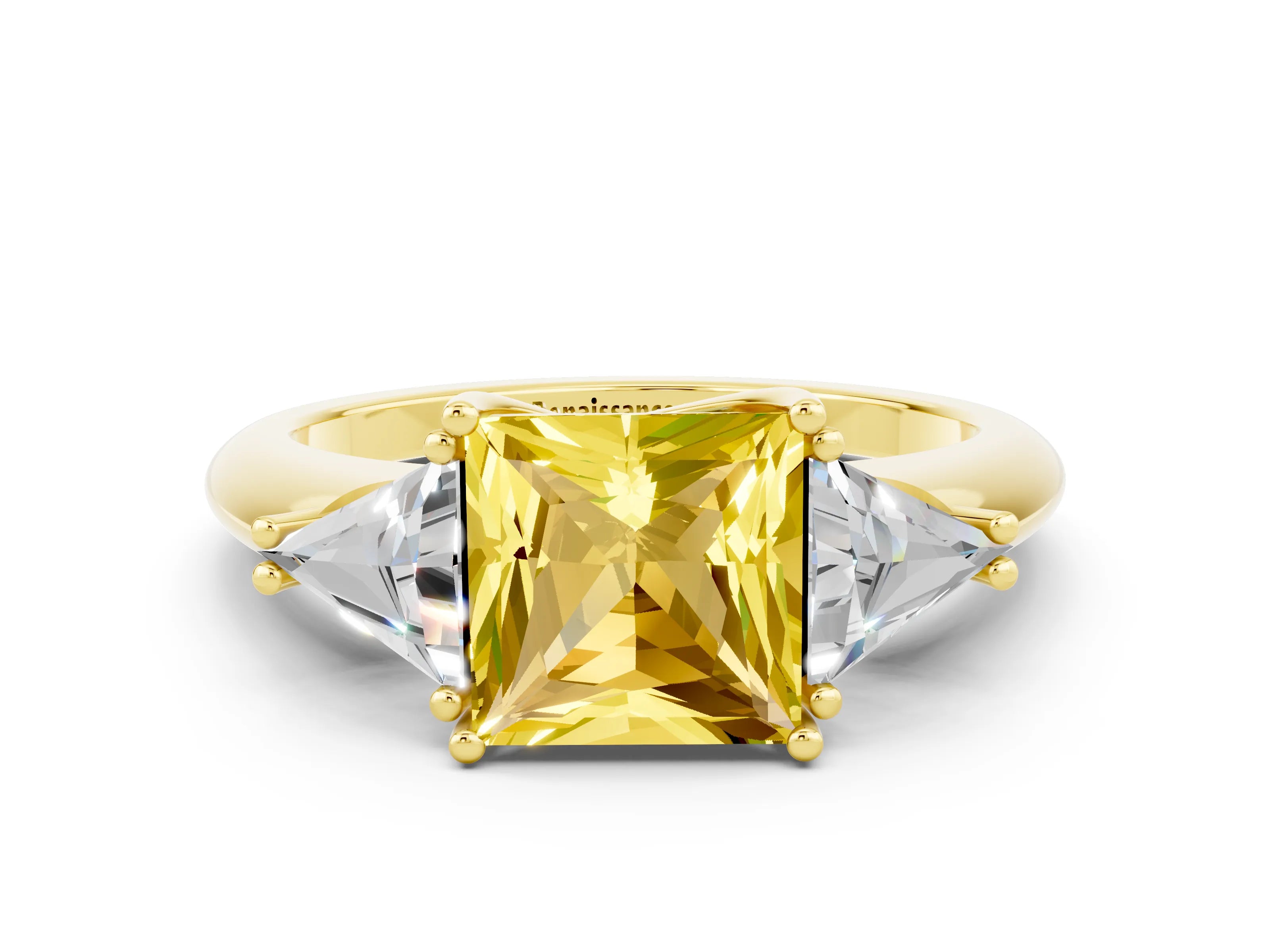 Yellow gold Three-Stone Princess Cut Cut Diamond Ring with Trillion Side Stones and Four-Prong Setting