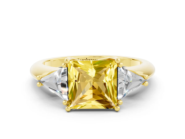 Yellow gold Three-Stone Princess Cut Yellow Sapphire Engagement Ring with Trillion Side Stones and Prong Setting
