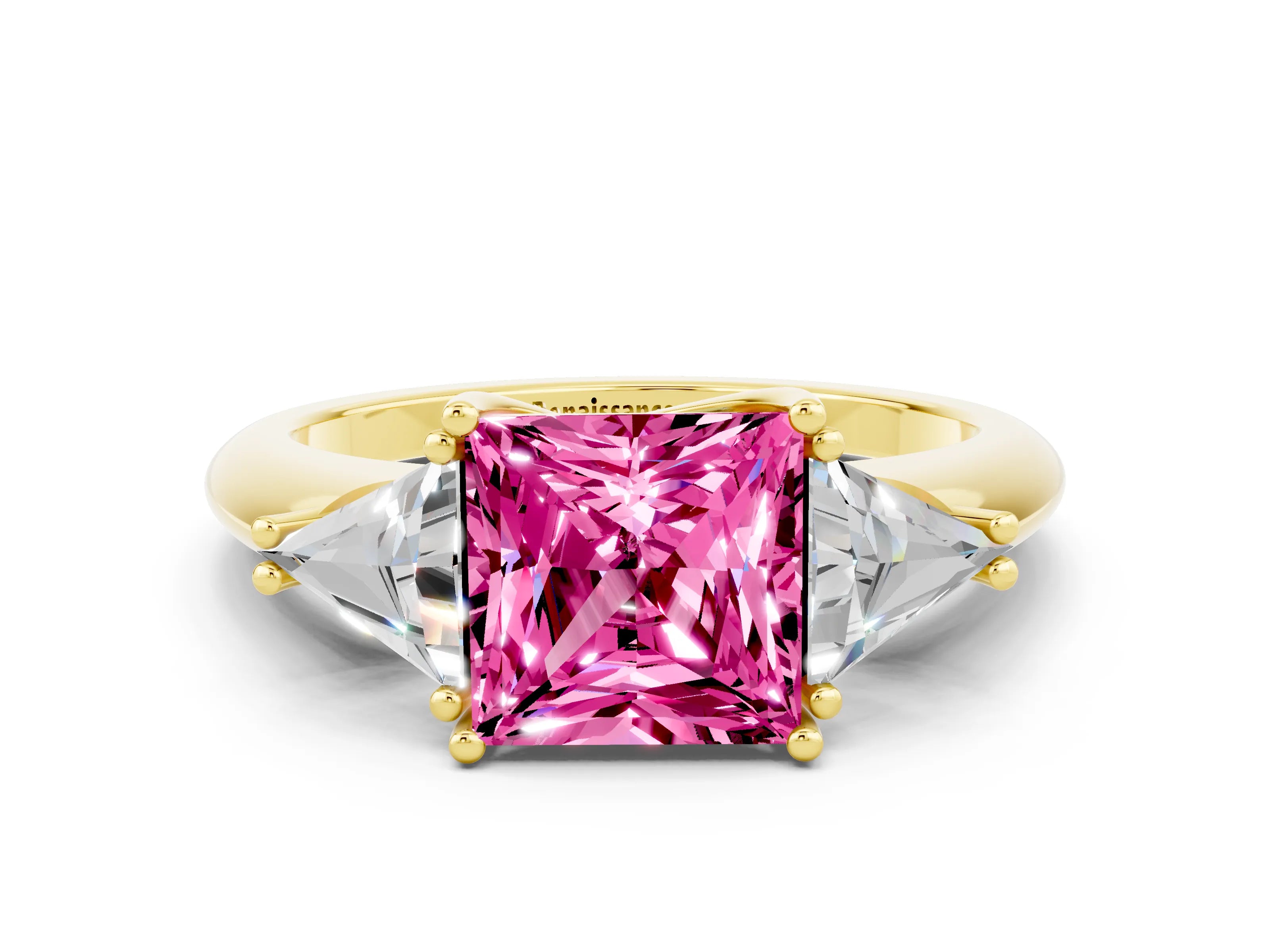 Yellow gold Three-Stone Princess Cut Cut Diamond Ring with Trillion Side Stones and Four-Prong Setting