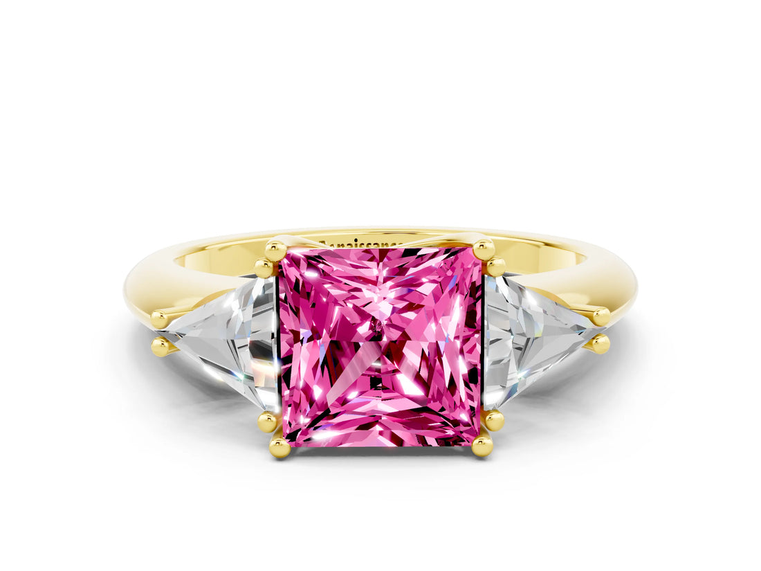 Yellow gold Three-Stone Princess Cut Cut Diamond Ring with Trillion Side Stones and Four-Prong Setting