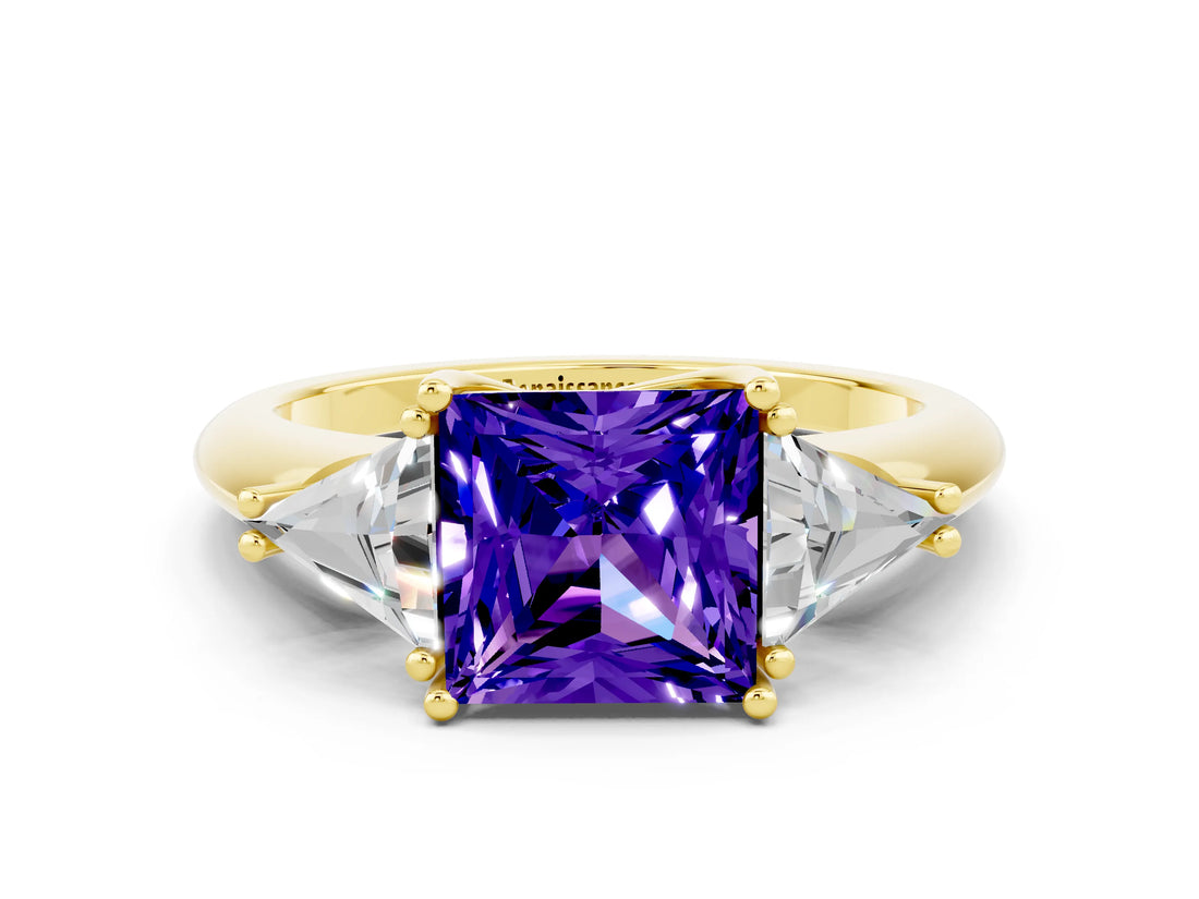 Yellow gold Three-Stone Princess Cut Cut Diamond Ring with Trillion Side Stones and Four-Prong Setting