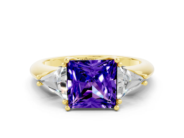 Yellow gold Three-Stone Princess Cut Tanzanite Engagement Ring with Trillion Side Stones and Prong Setting