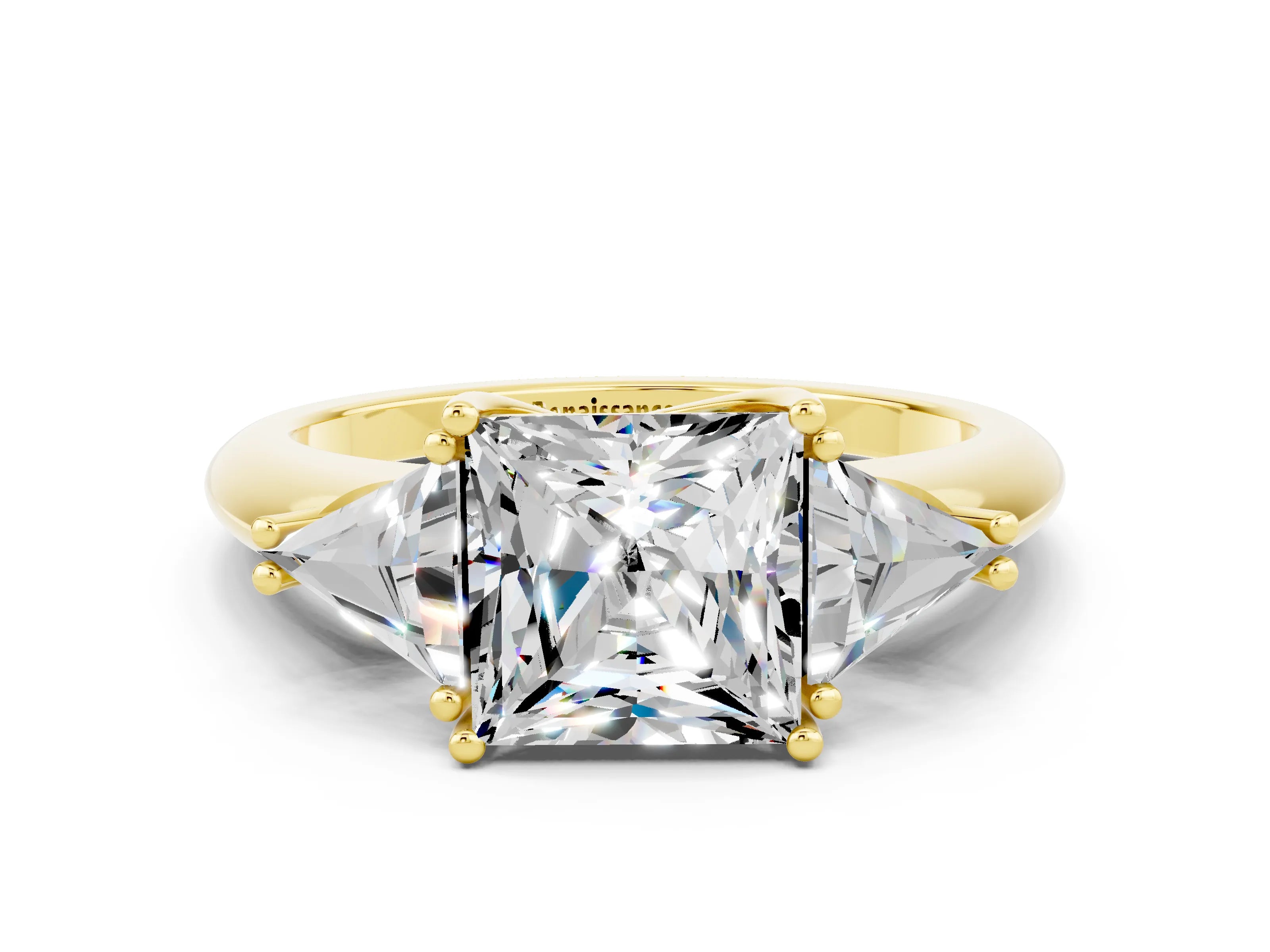 Yellow gold Three-Stone Princess Cut Cut Diamond Ring with Trillion Side Stones and Four-Prong Setting