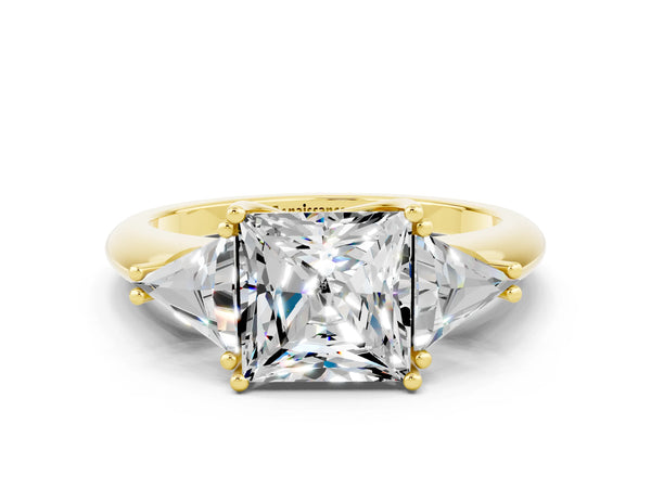 Yellow gold Three-Stone Princess Cut Moissanite Engagement Ring with Trillion Side Stones and Prong Setting