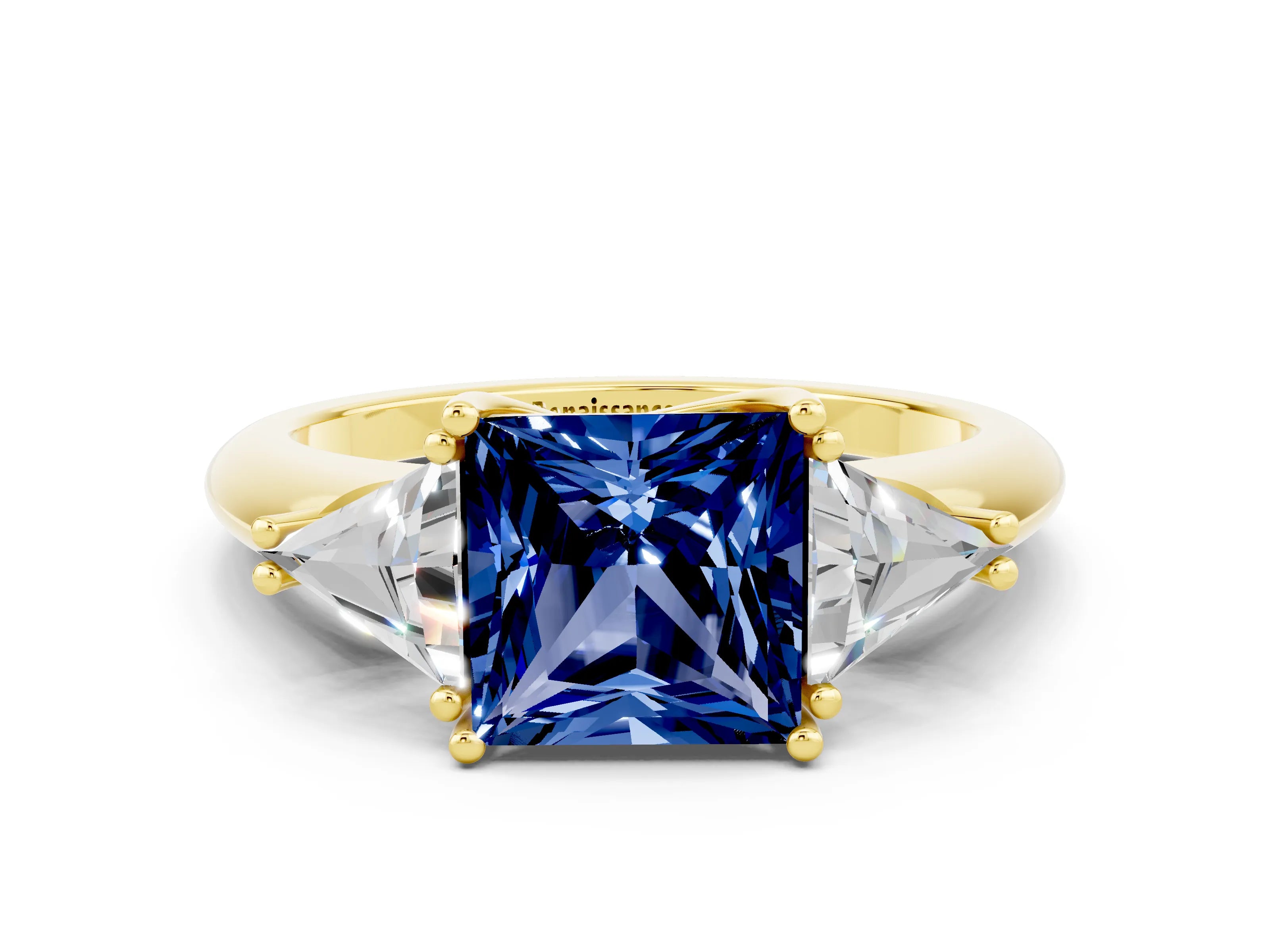 Yellow gold Three-Stone Princess Cut Cut Diamond Ring with Trillion Side Stones and Four-Prong Setting