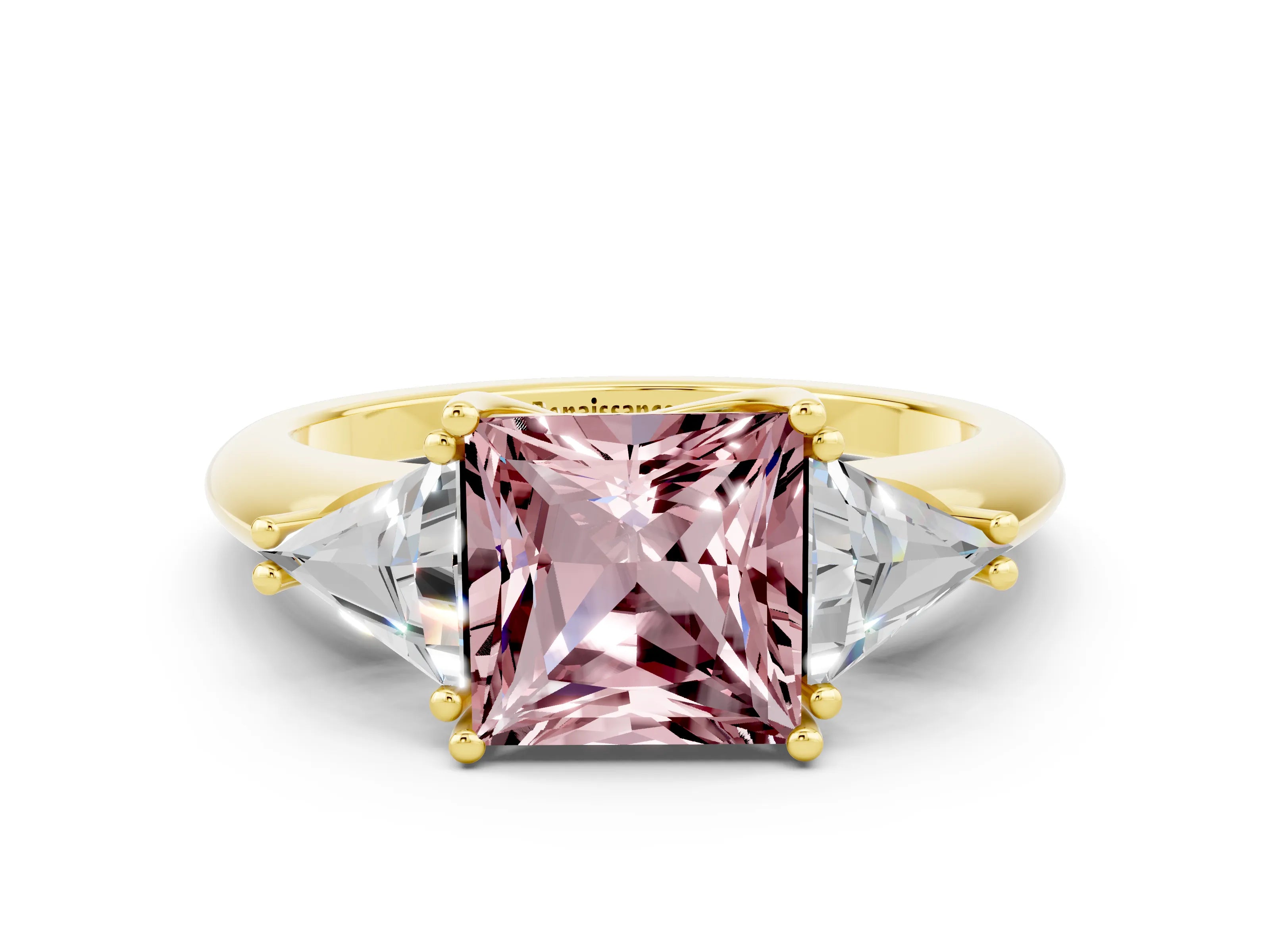Yellow gold Three-Stone Princess Cut Cut Diamond Ring with Trillion Side Stones and Four-Prong Setting