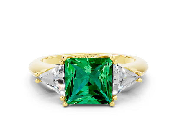 Yellow gold Three-Stone Princess Cut Emerald Engagement Ring with Trillion Side Stones and Prong Setting