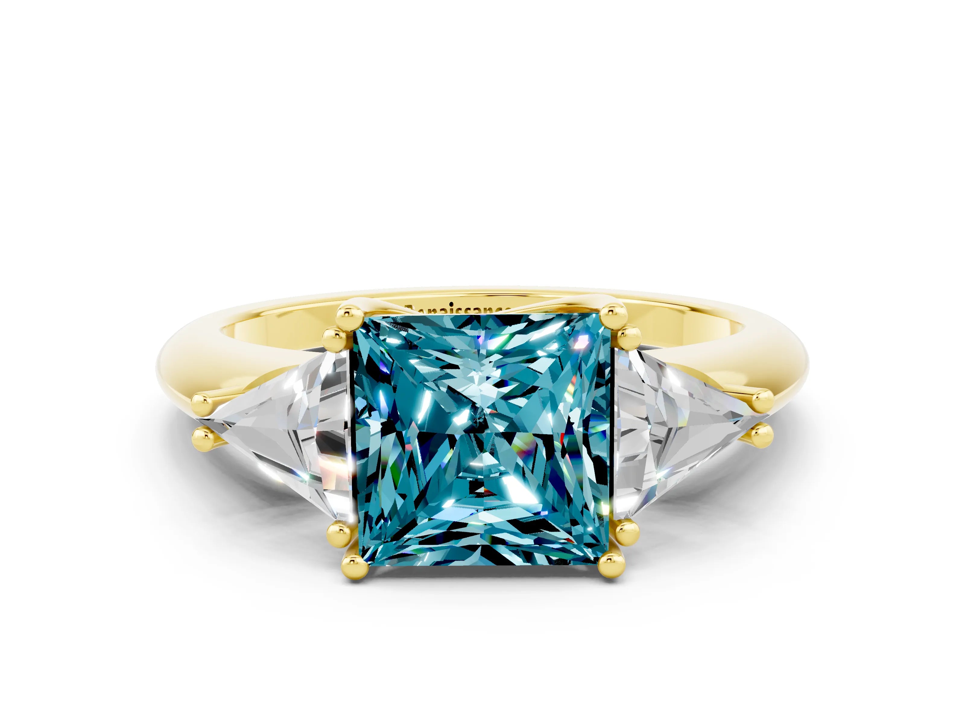 Yellow gold Three-Stone Princess Cut Cut Diamond Ring with Trillion Side Stones and Four-Prong Setting