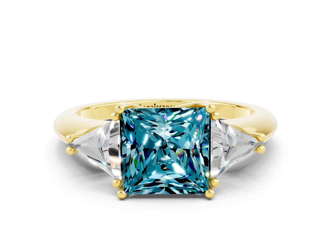 Yellow gold Three-Stone Princess Cut Cut Diamond Ring with Trillion Side Stones and Four-Prong Setting