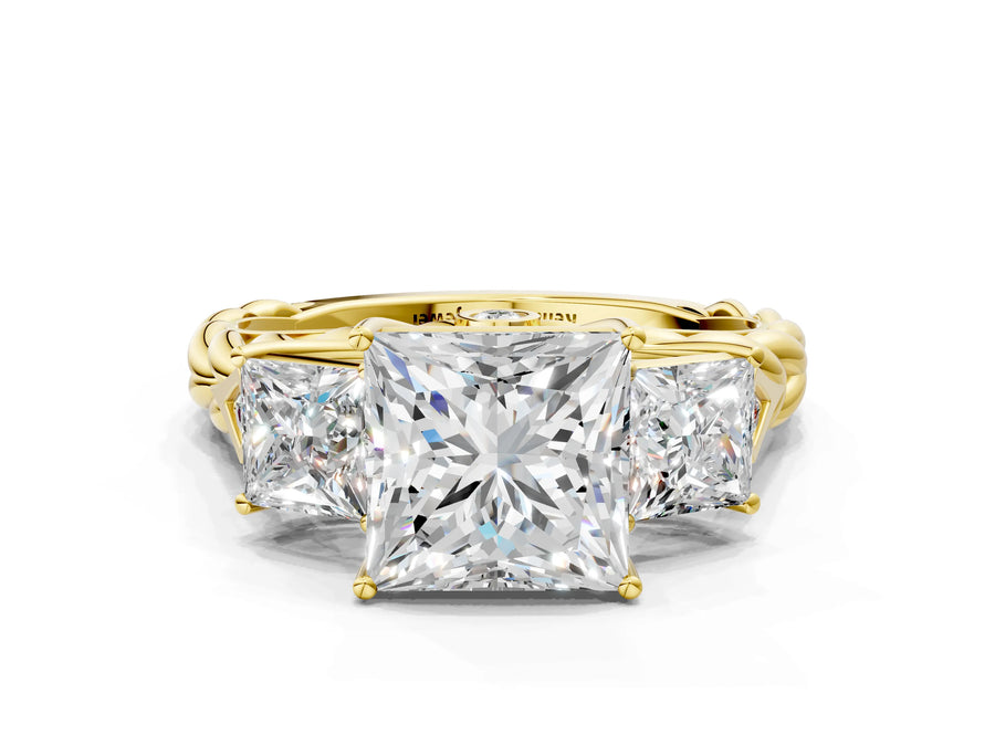 Yellow gold Three-Stone Princess Cut Diamond Braided Band Ring with Four-Prong Setting