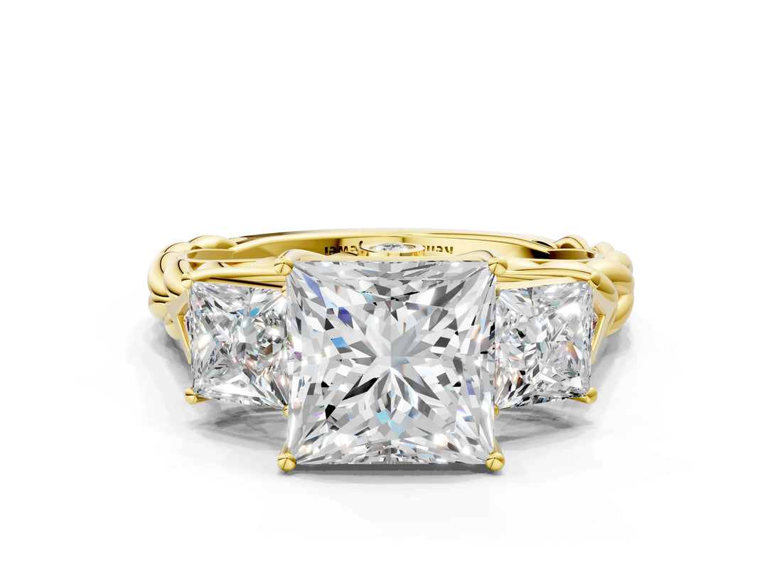 14K Yellow Gold Three-Stone 1.08 Carat D VS1 Princess Diamond Braided Band Ring with Four-Prong Setting