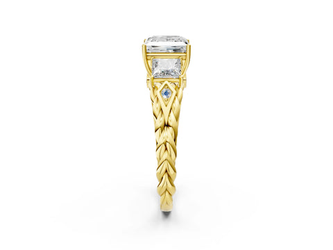14K Yellow Gold Three-Stone 1.08 Carat D VS1 Princess Diamond Braided Band Ring with Four-Prong Setting